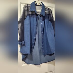 Sheersleeve High - Low Denim Button-Up Shirt in Blue